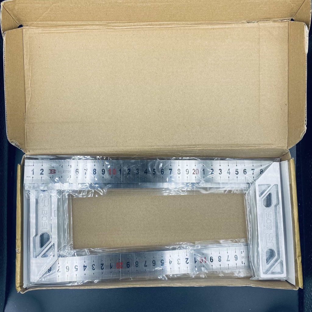 Thước ke góc vuông BOSI độ dài 30cm chính hãng, Thước ke vuông chữ in chìm sắc nét độ bền cao