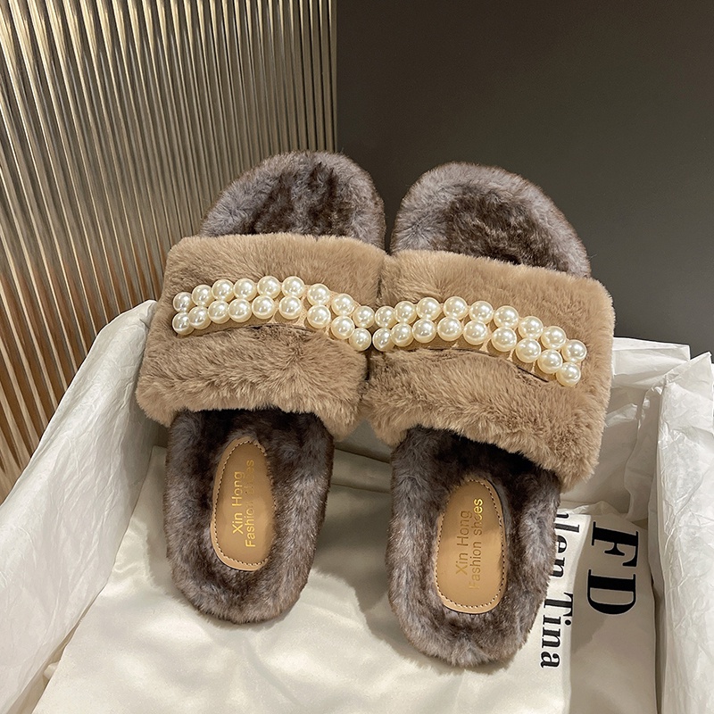 Dép Bông Đế Bằng Đính Ngọc Trai Phong Cách Hàn Quốc Cho Nữ