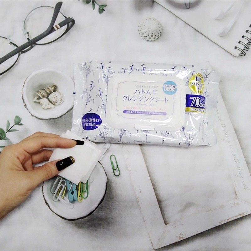 Khăn giấy ướt chuyên tẩy trang cho mặt Hatomugi nội địa Nhật Bản bịch 70 tờ