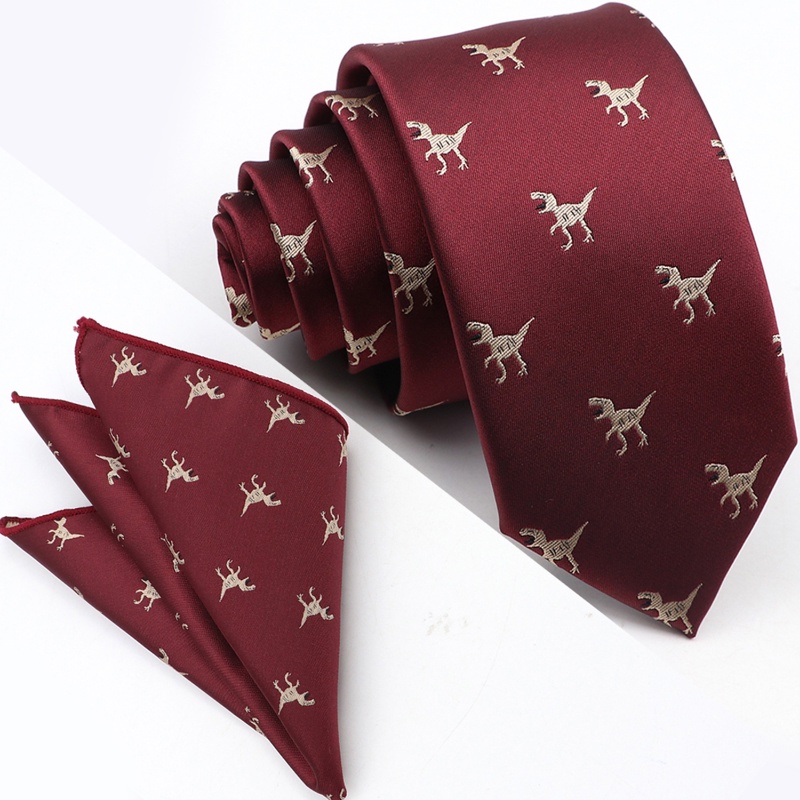 Bộ Khăn Tay Và Cà Vạt Lụa Jacquard In Họa Tiết Khủng Long Cho Nam