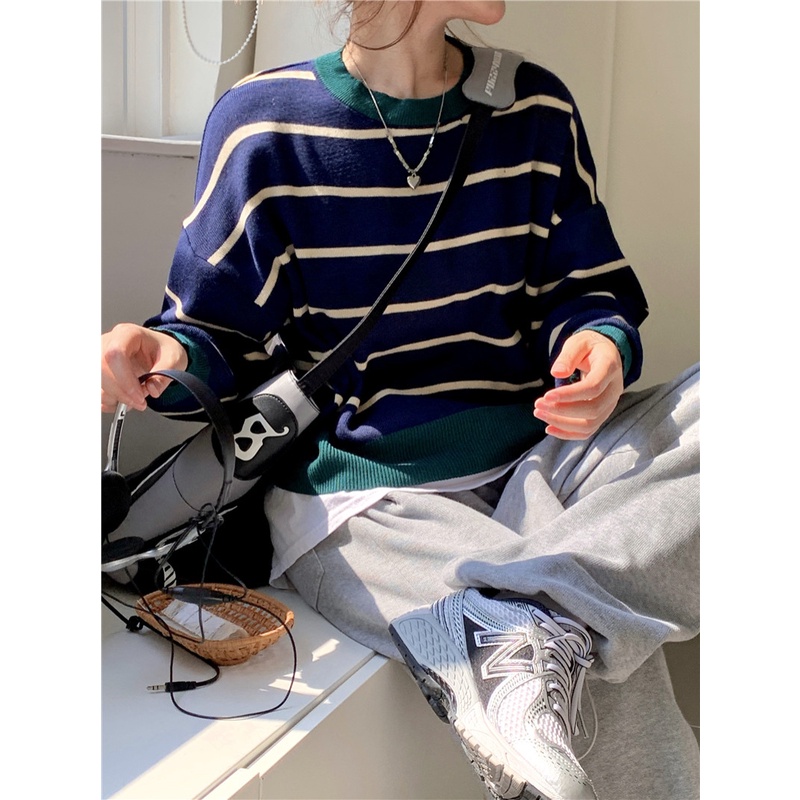 HUANG YOYO 2023 croptop Áo Sweater Dệt Kim Tay Dài Cổ Tròn Kẻ Sọc Kiểu Hàn Quốc Thời Trang Cho Nữ