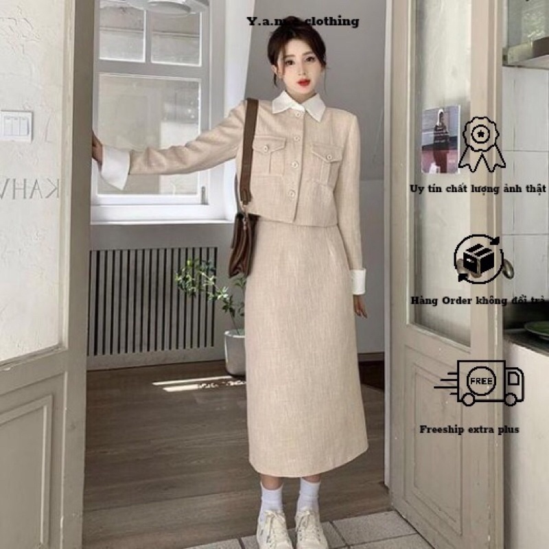 Sét váy dạ áo dài tay có cổ đóng khuy chân váy ngắn, dài xẻ tà sau hàng quảng châu chất liệu dày dặn yame clothing