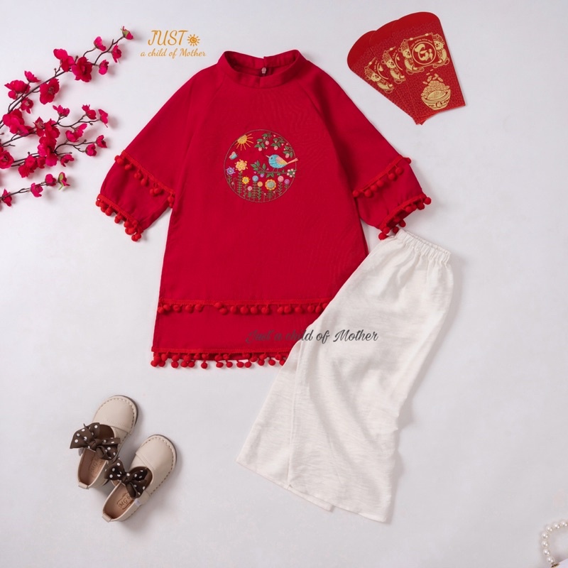 Áo Dài Tết cho bé gái. Chất Vải linen thêu hoa nổi xinh xắn, full Size 9-40kg