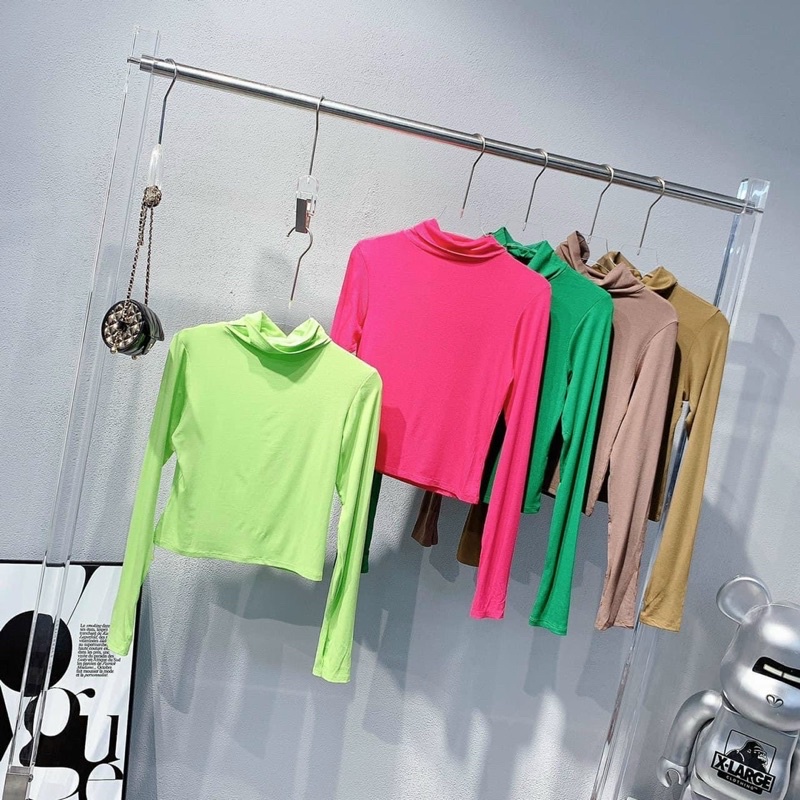 Áo croptop cổ lọ tay dài ôm body chất tốt cao cấp co giãn