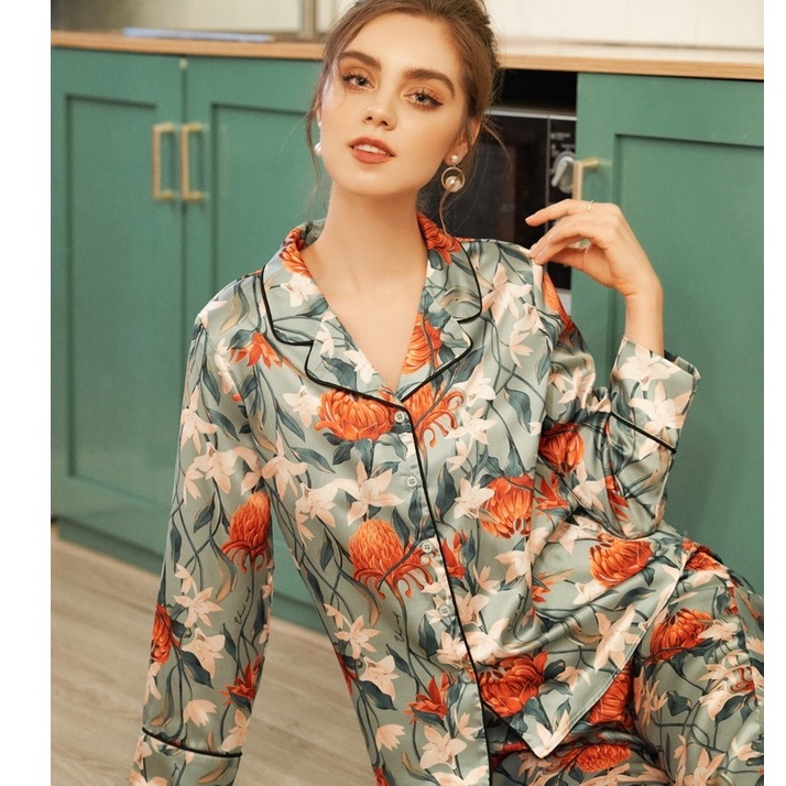 BST mới Venus Seccret Bộ Pijama dài tay họa tiết cúc nền xanh