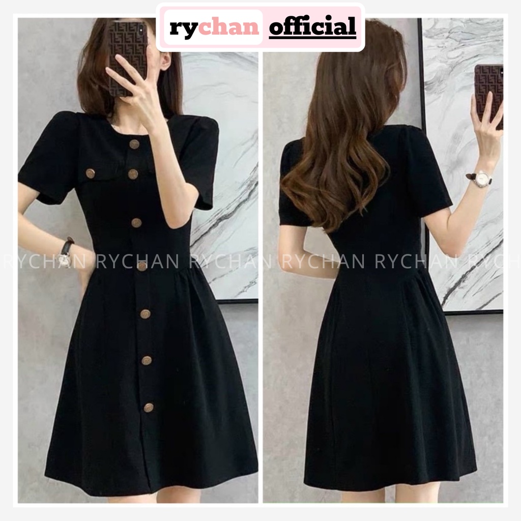 Đầm Nữ Đi Tiệc Dáng Ngắn Xòe Đính Cúc Trước Siêu Xinh, Đầm Thiết Kế Cổ Tròn Tay Ngắn Sành Điệu Màu Đen-DX414