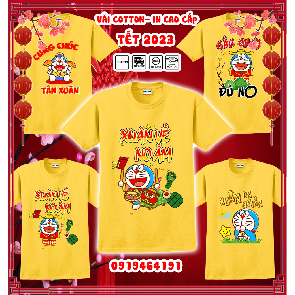 Áo thun doraemon tết quý mão 2023 màu vàng, áo thun tết con mèo doraemon, vải dày mịn mát, in cao cấp - Có size trẻ em