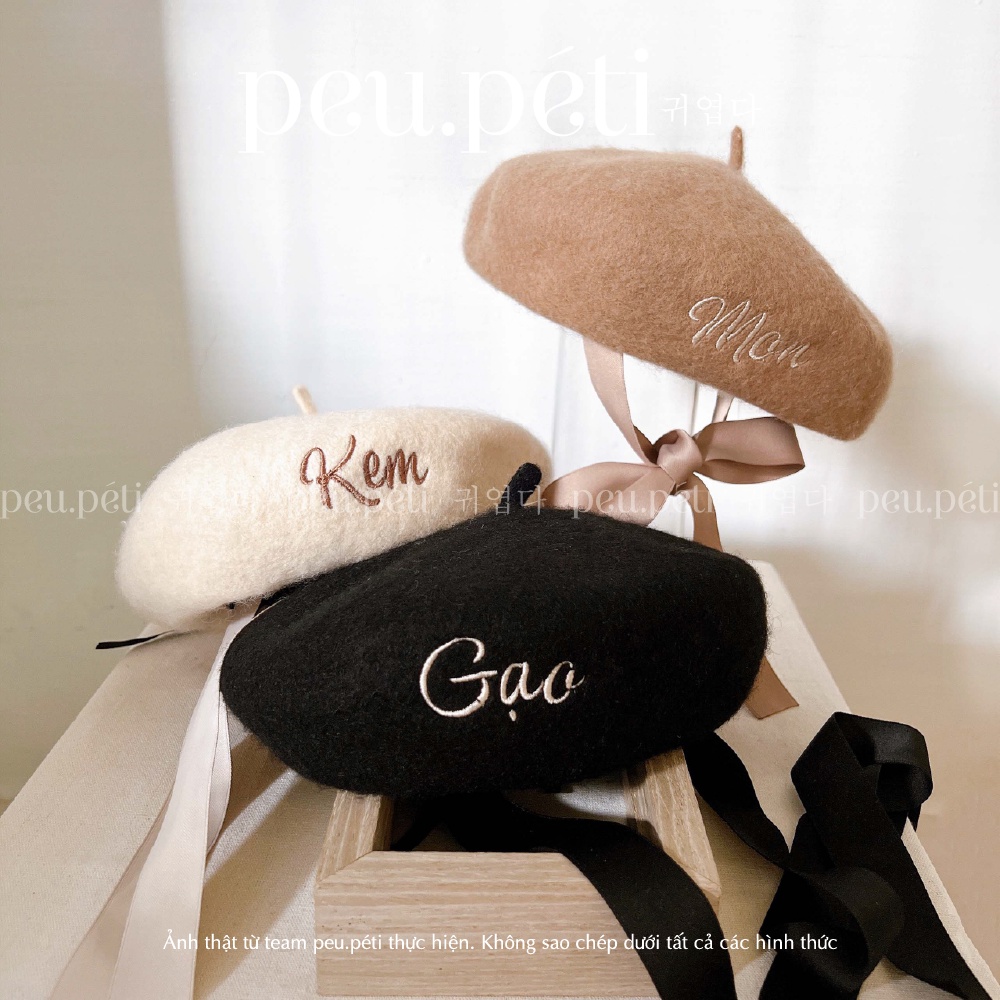 SẴN HÀNG THÊU TÊN Mũ nồi dạ ép lông xù thắt nơ style Hàn - by Peu.péti