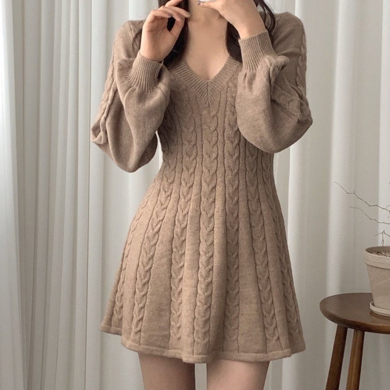 Đầm Len Tay Dài Cổ Chữ v Phong Cách Hàn Quốc Thời Trang Mùa Thu Cho Nữ