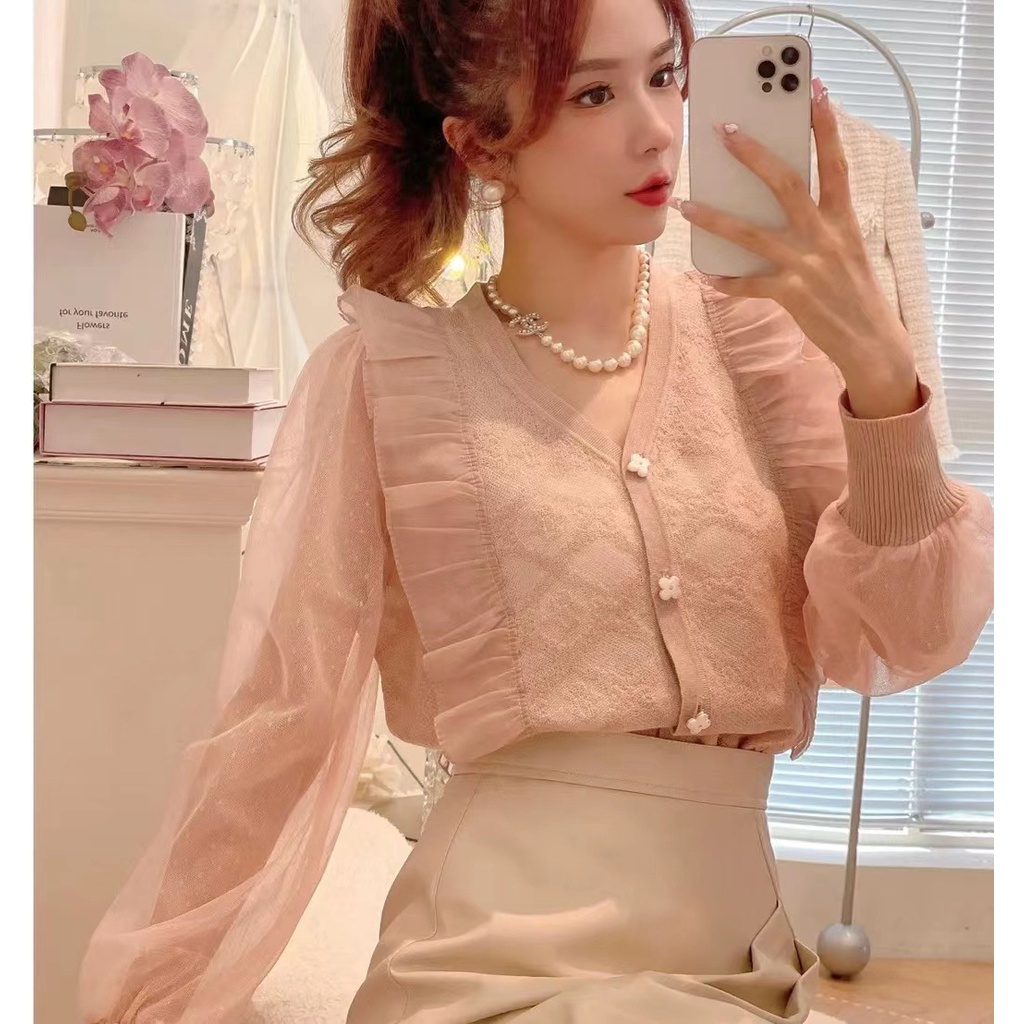 Hàng Châu Âu Áo Sơ Mi Dài Tay Phối Ren Phong Cách Chanel Sớm Thu Cho Nữ