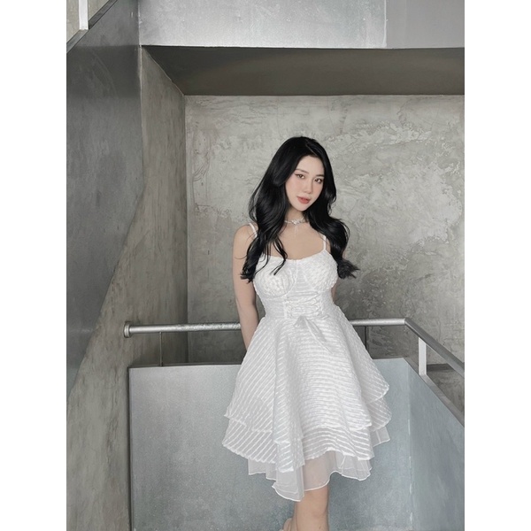 Đầm xốp trắng xoè tầng phối tơ 2 dây đan eo Váy đi chơi dạo phố du lịch Đà Lạt đi biển hotgirl dễ thương cute siêu xinh