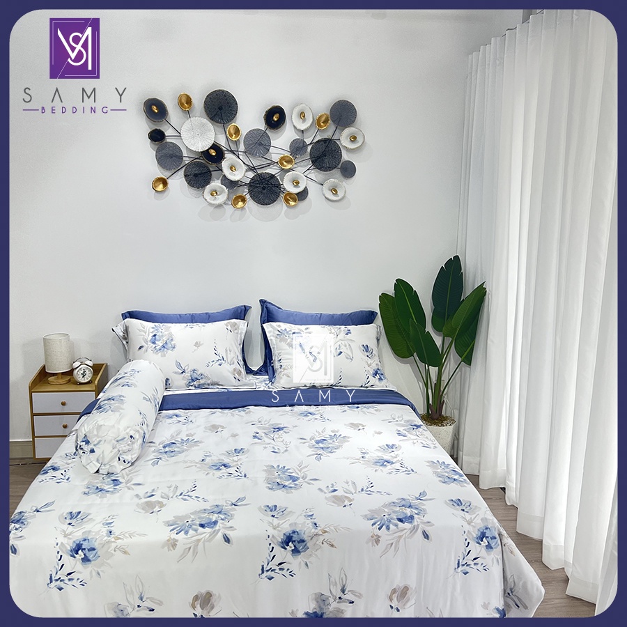 Bộ Chăn Ga Gối Lụa Tencel Coolsilk SAMY BEDDING Cao Cấp Mềm Mịn Thoáng Mát Màu Trắng Xanh Sang Trọng