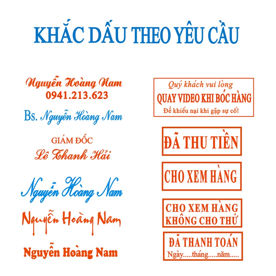 con dấu tên, dấu chức danh giám đốc, dấu đã thu tiền, đã thanh toán, cho xem hàng, khắc dấu theo yêu cầu