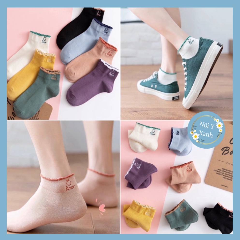 Tất Anor cổ ngắn nữ, vớ nữ mặt cười chất vải cotton co và giãn bốn chiều thoáng khí tt4 nội y xanh, chất ấm, thoáng khí