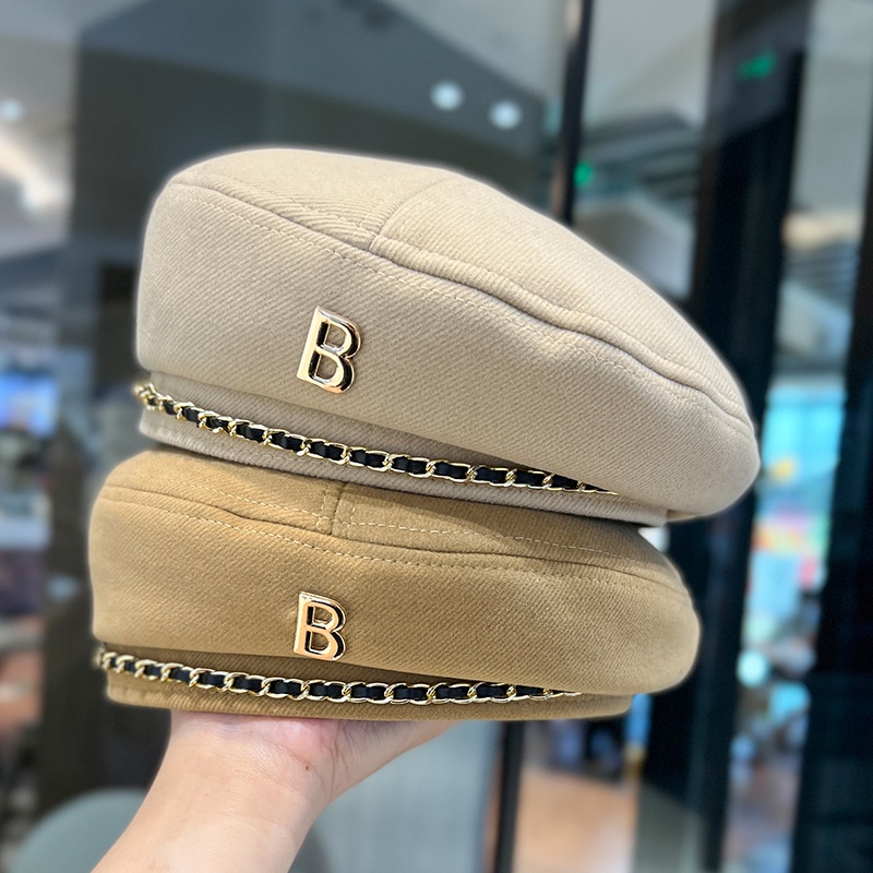 Mũ Beret Len Phối Dây Xích In Chữ Phong Cách Hàn Quốc Thời Trang Thu Đông Cho Nữ