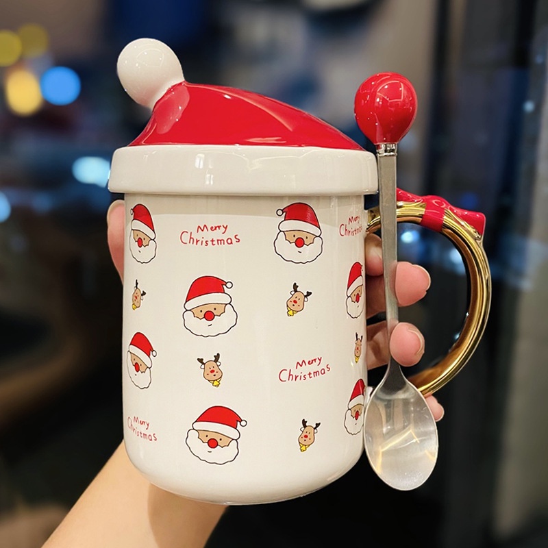 Ly Sứ Uống Nước Kèm Muỗng Và Nắp Đậy In Họa Tiết Giáng Sinh Dễ Thương