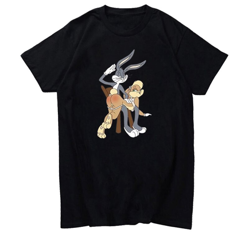 Áo Thun oversize In Hình Bugs Bunny Spanks Lola Vui Nhộn Màu Trắng Đen Thời Trang Mùa Hè Cho Nam Và Nữ
