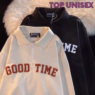 Áo sweater polo,Áo nỉ phom rộng in chữ GOOD TIME phong cách Hàn Quốc