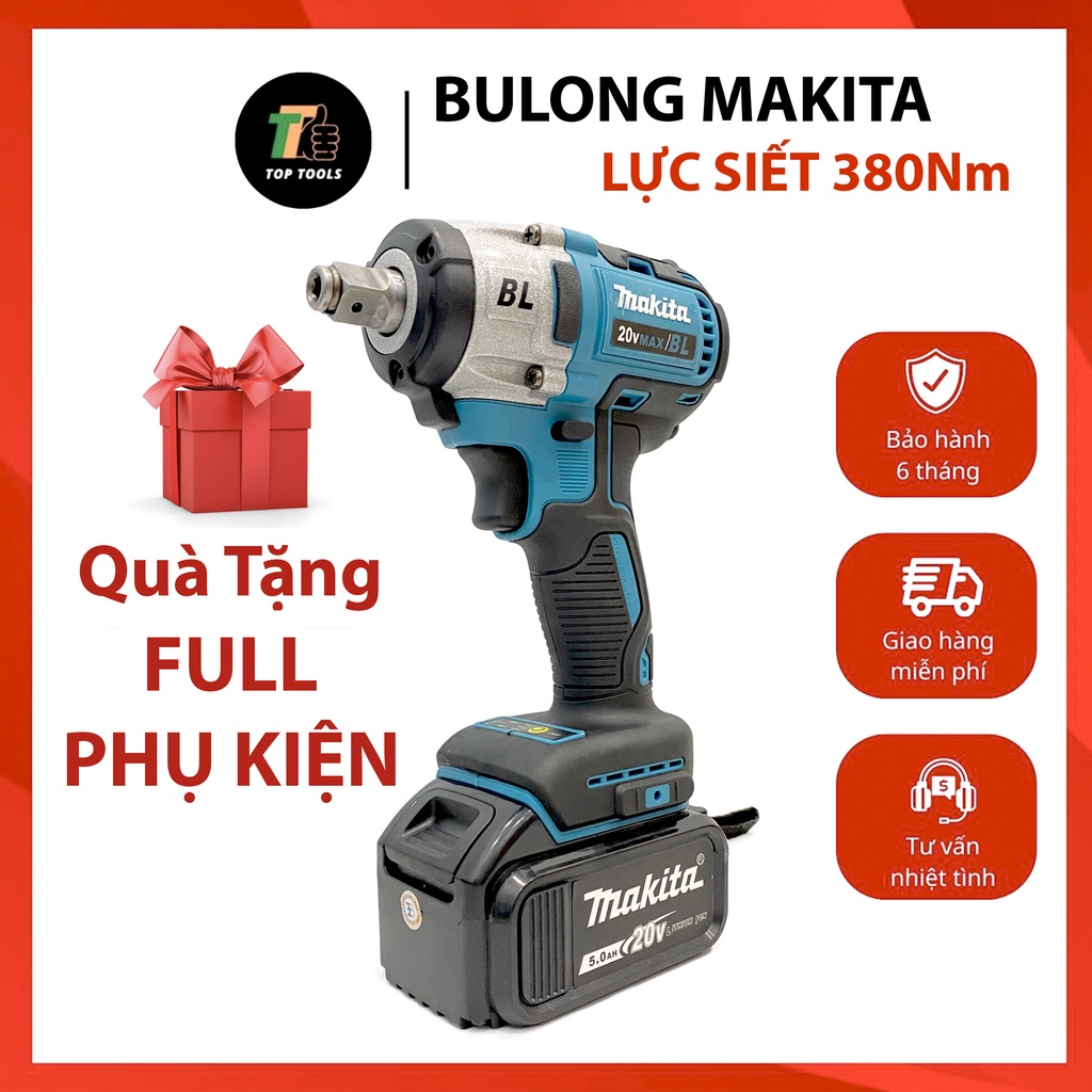 Máy Siết Bulong Makita, máy bắn bulong, Pin 20v 10 Cell, Đầu 2 trong 1, Động cơ không chổi than