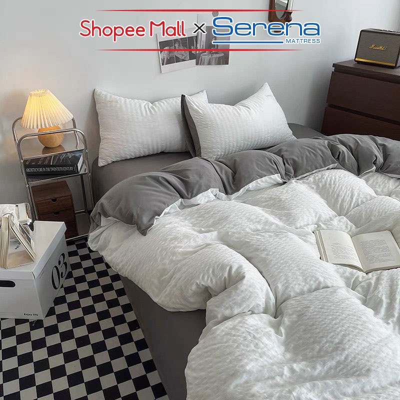 Bộ Ga Nệm Cao Cấp 5 Món Tici Kẻ Sọc SERENA MATTRESS Chuẩn Khách Sạn Chăn Ga Ra Gối Đệm Niệm Drap Grap Giường Chính Hãng