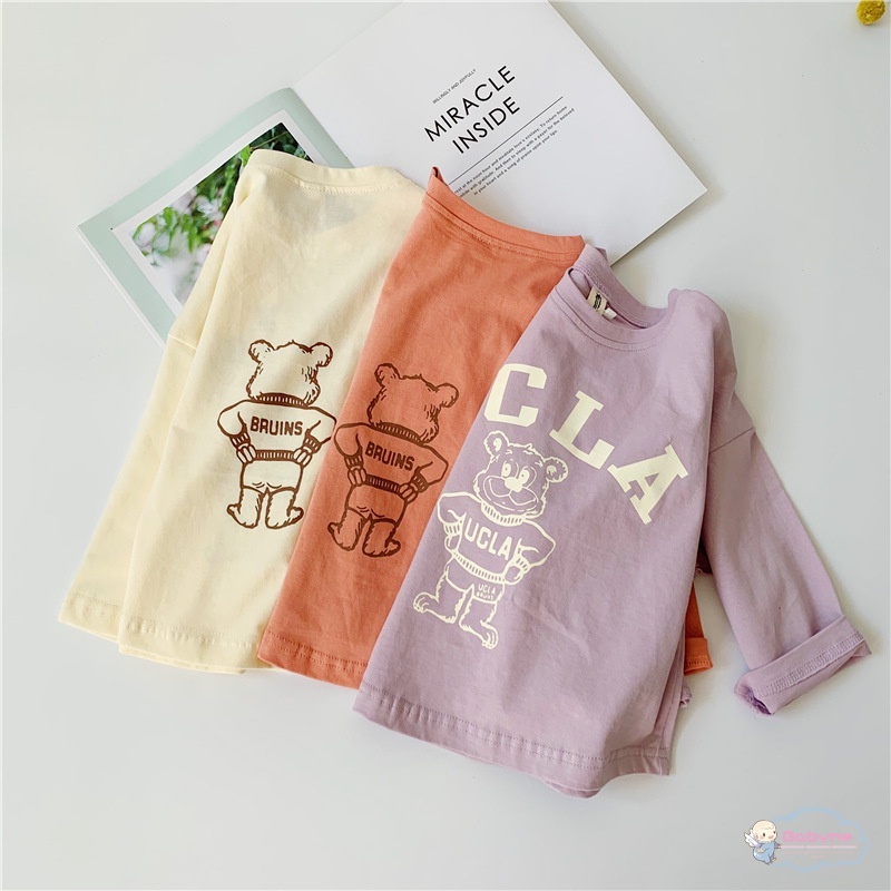 Áo Thun Dài Tay Cổ Tròn Màu Trơn In Họa Tiết Hoạt Hình Cho Bé Trai Và Gái