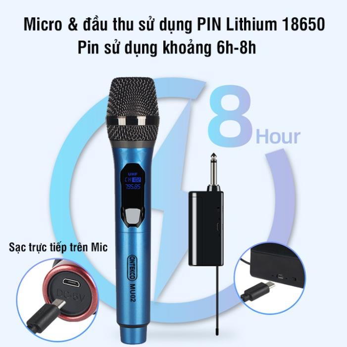 Bộ 2 Micro Karaoke ONTEKCO MU02 GOLD Không Dây Siêu Sang, Chuyên Dùng Cho Loa Kéo, Kết Nối Xa Tới 30m Qua Đầu Thu Mini