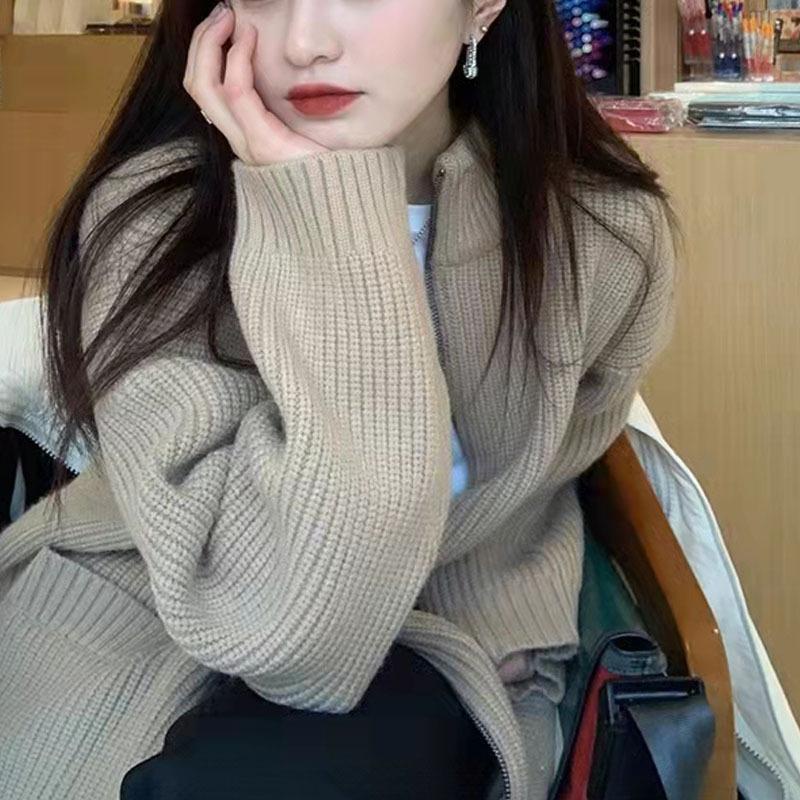 Áo Khoác Cardigan Dệt Kim Phối Khóa Kéo Màu Sắc Đơn Giản Phong Cách Retro