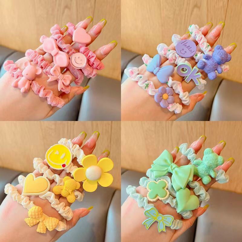 Set 5 dây cột tóc voan hoa gắn hình cho bé scrunchies hoa