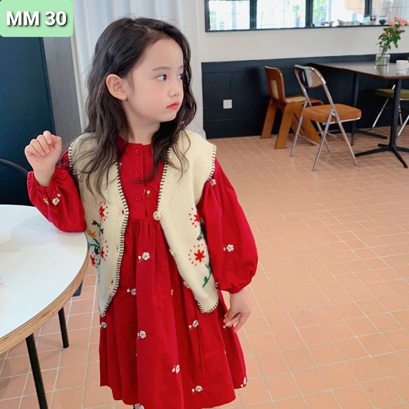 Váy Đầm Thêu Hoa 2 Lớp Xinh Cho Bé Gái Tết Noel 1-10 Tuổi Váy Bồng Sofia Candy Màu Đỏ Tươi Tay Bo Bồng Cotton Mềm