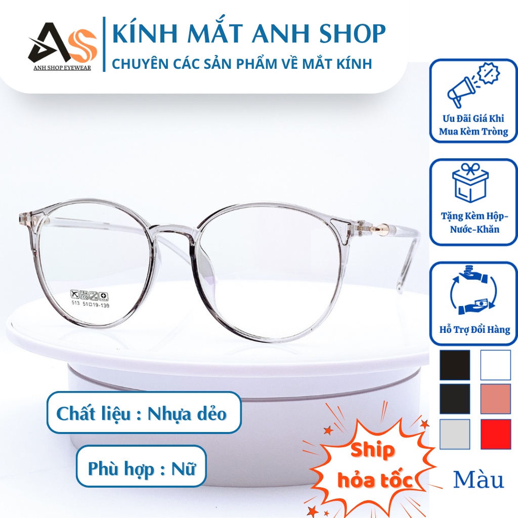 Kính tròn to nam nữ kiểu dáng thanh mảnh dễ phù hợp với nhiều khuôn mắt chất liệu nhựa dẻo 513