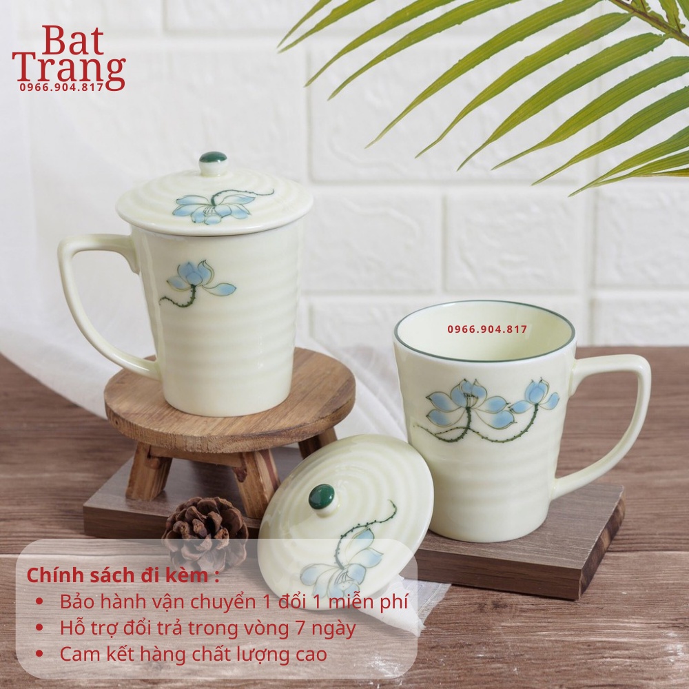 Cốc sứ uống nước có nắp men kem Bát Tràng vẽ tay 350ml, tiện lợi khi uống trà, cà phê - hàng có bảo hành