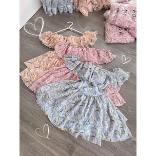 Đầm hoa bẹt vai bèo tầng bo eo ✨