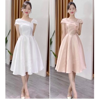 Đầm dáng xòe, đầm dự tiệc thiết kế lệch vai sang trọng chất TAPTA nhũ cao cấp
