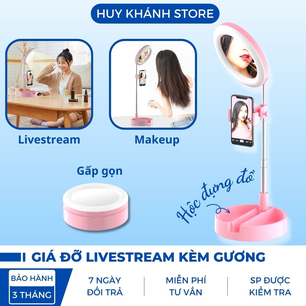 Gương trang điểm có đèn Led Livestream G3 kết hợp giá đỡ và kẹp điện thoại để bàn