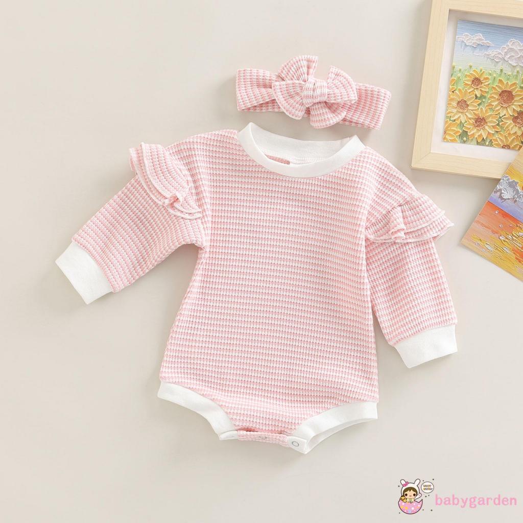 Bộ Áo Liền Quần Dài Tay Phối Bèo + Băng Đô Họa Tiết Kẻ Sọc Thời Trang Mùa Thu Cho Bé Gái 0-18 Tháng Tuổi