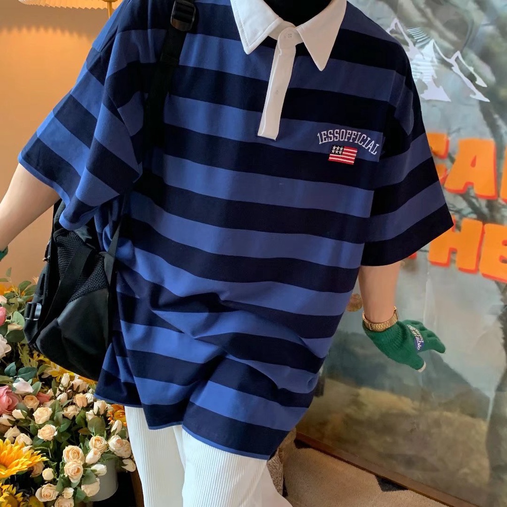 Áo polo Dáng Rộng Họa Tiết Kẻ Sọc Thời Trang Mùa Hè Cho Nam