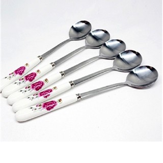 Combo 10 Thìa Rĩa Inox Cán Sứ Họa Tiết Hoa Hồng Đẹp