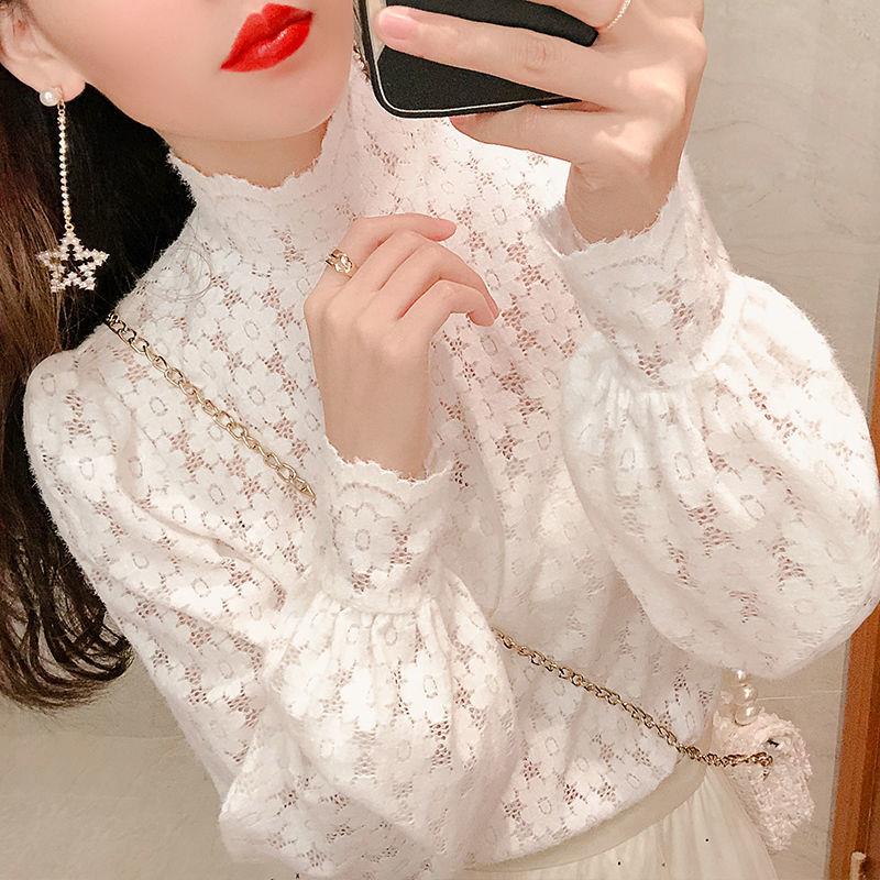Áo Thun Trắng Tay Dài Cổ Lọ Phối Ren Thời Trang Thu Đông Phong Cách Phương Tây Mới Cho Nữ
