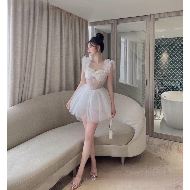 Đầm xoè form ngắn mini TRIPBLE T DRESS dây nhún kết hoa nổi sang trọng -MS428V