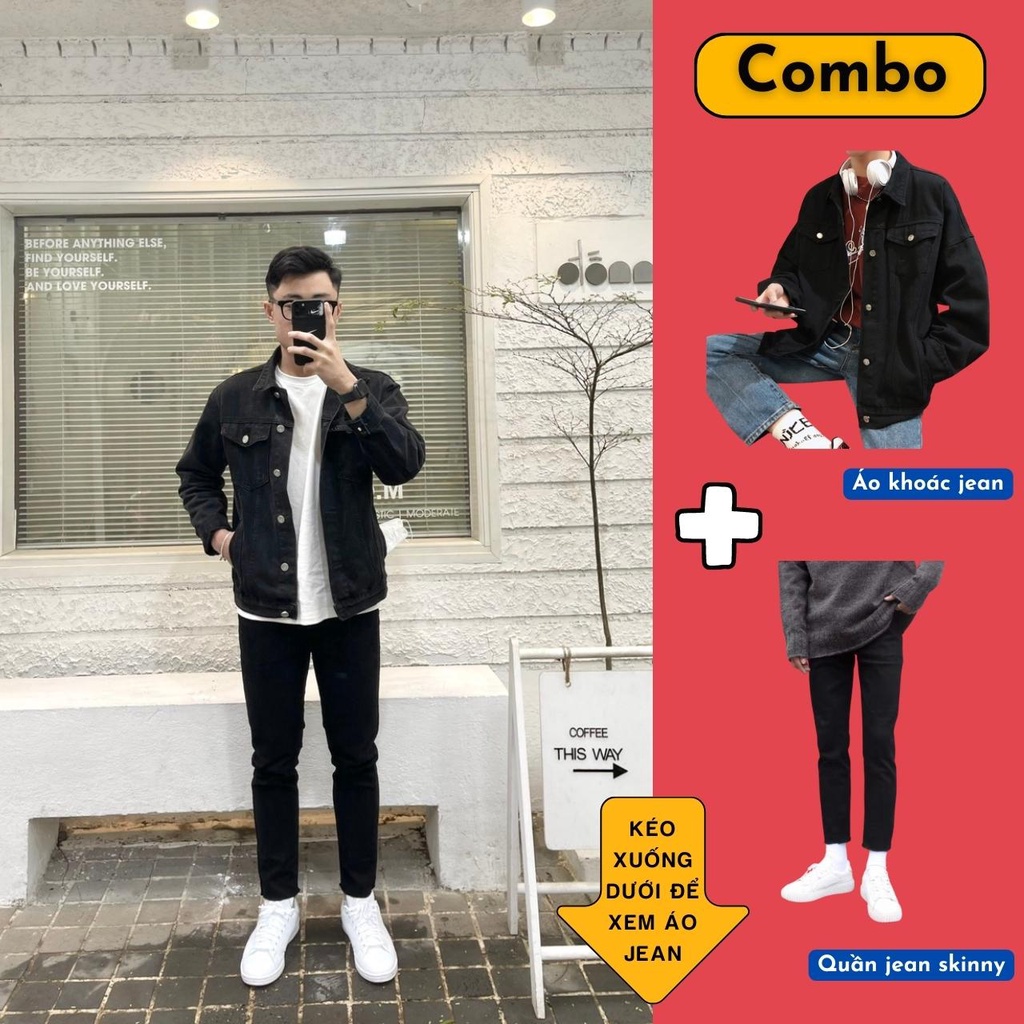 Quần Jean Nam Đen Trơn Và Rách Gối Vải Co Giãn 4 Chiều, Không Phai Màu, Không Xù Dáng Skinny Phong Cách Hàn Quốc