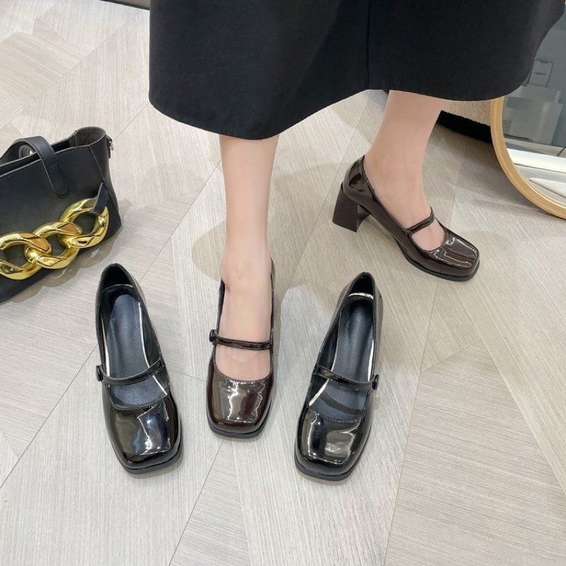 Giày cao gót mary jane đế vintage da bóng, cao 6cm