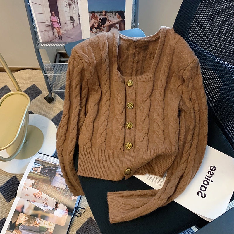 Áo Khoác Cardigan Dệt Kim Cổ Vuông Dáng Rộng Thời Trang Thu Đông Cho Nữ