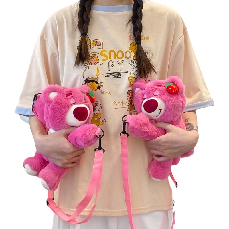 Túi đeo chéo hình gấu bông dâu hồng siêu dễ thương