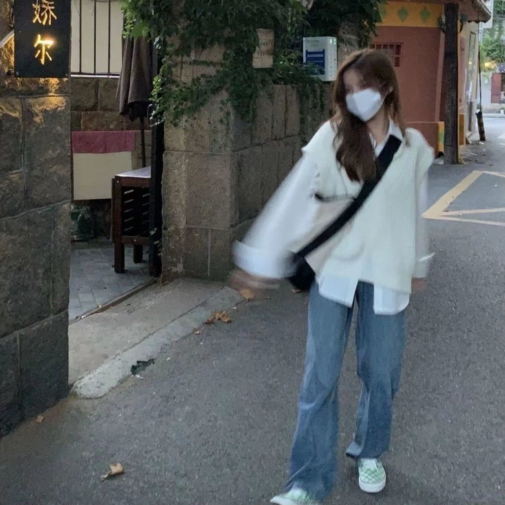 MURIOKI Áo Vest Dệt Kim + Áo Sơ Mi Thời Trang Mùa Thu Hàn Quốc 2022 Cho Nữ