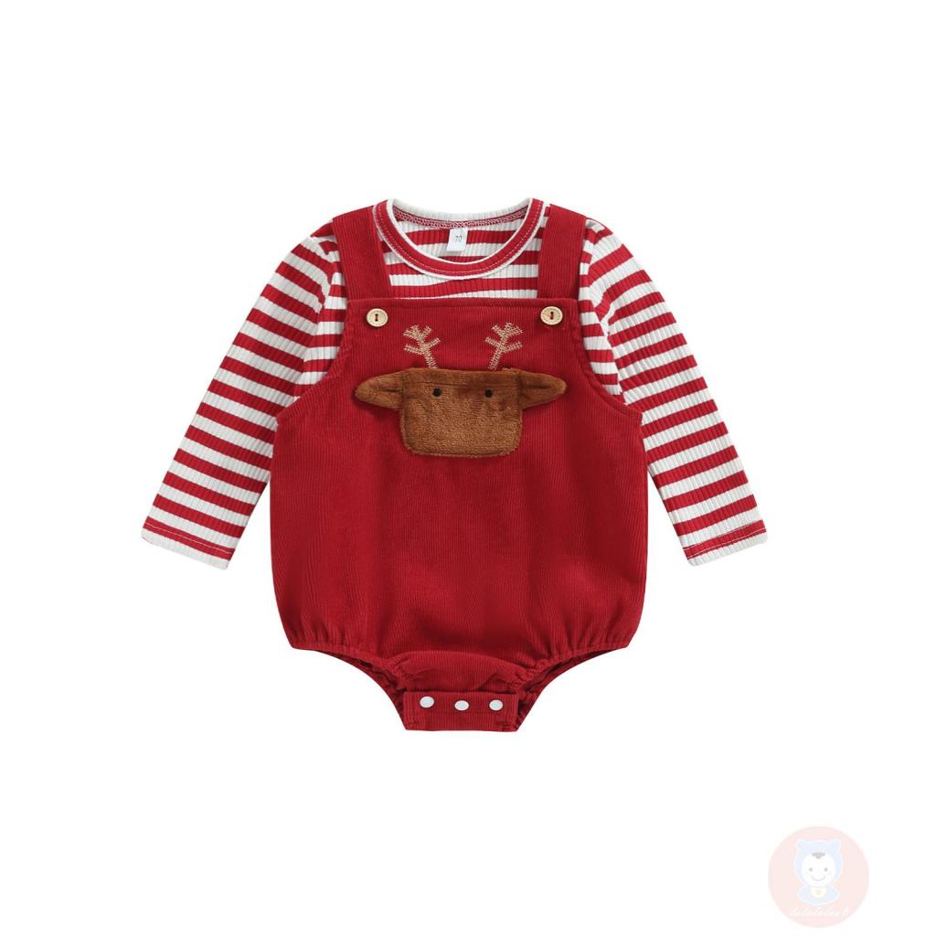 Bộ Áo Liền Quần Tay Dài Họa Tiết Kẻ Sọc Và Tuần Lộc Dễ Thương Cho Bé Gái LAA6