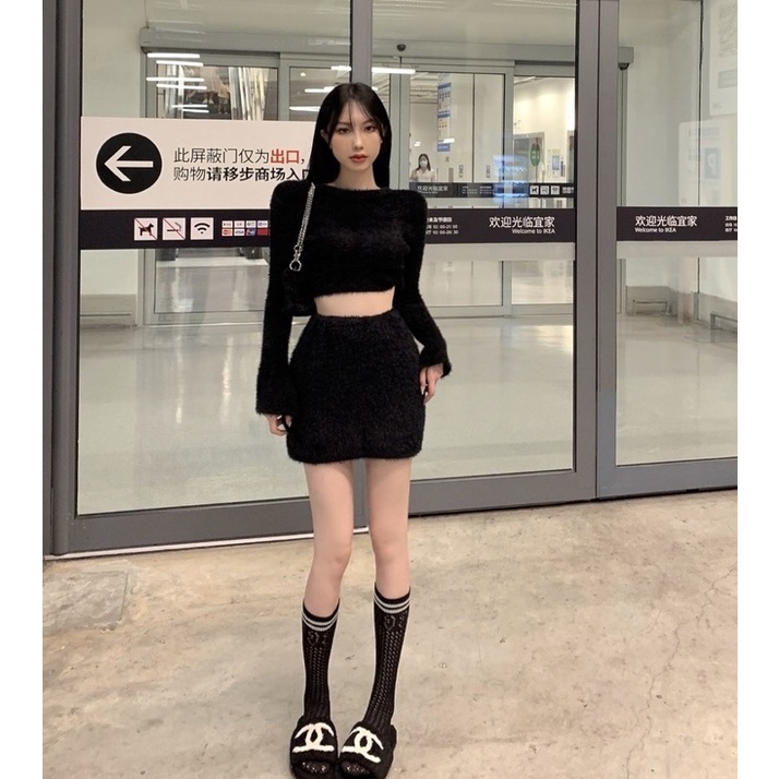 Set áo croptop lông dài tay+chân váy ôm body gợi cảm phong cách chic ulzzang SAM SAM BOUTIQUE