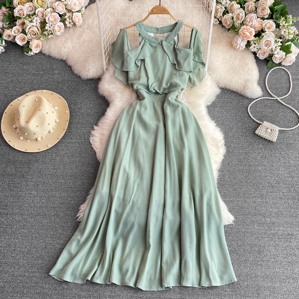 Đầm Midi Dáng Chữ A Mỏng Cổ Tròn Phối Bèo Kiểu Pháp Thời Trang Mùa Hè Cho Nữ