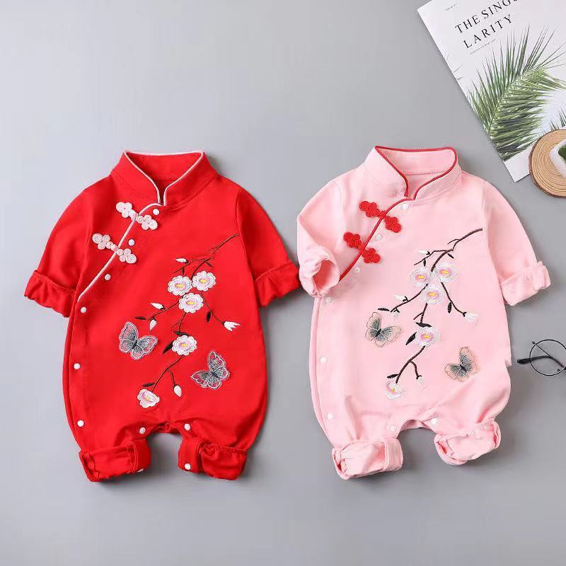 Bộ Áo Liền Quần Cotton Tay Dài Phong Cách Trung Hoa Dành Cho Bé Sơ Sinh