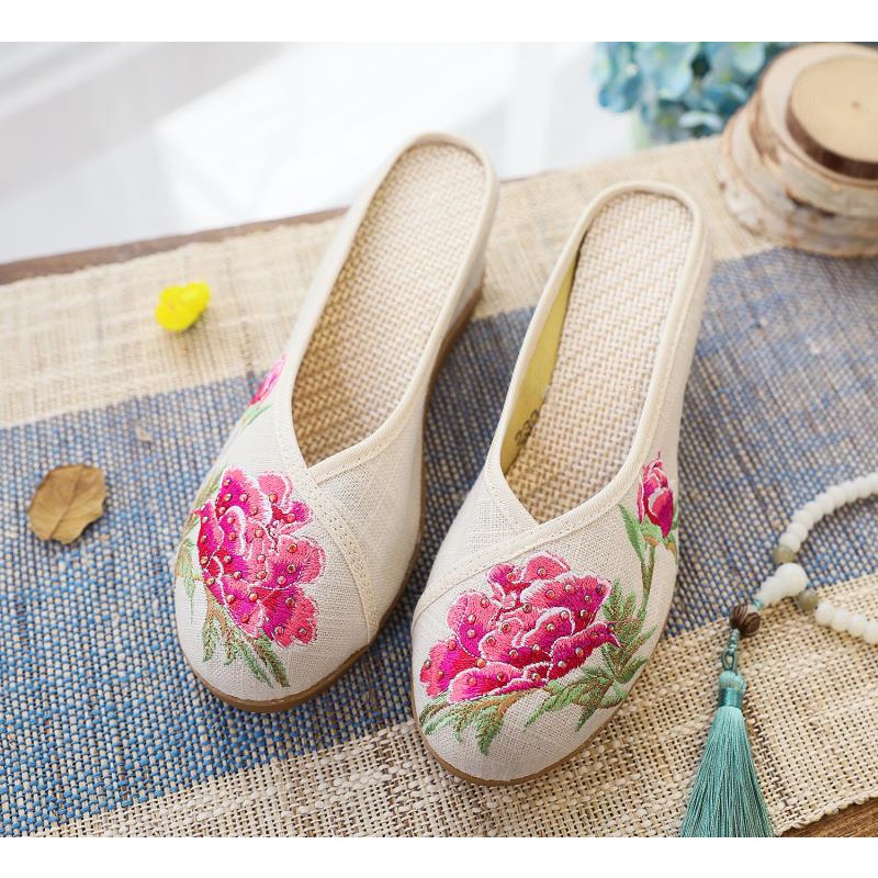 Dép Cao Gót Vải Lanh Thêu Họa Tiết Đính Đá 2 Hàng Ngàn Thời Trang Mùa Hè Cho Nữ EthA7