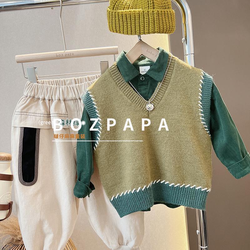 Bộ Áo Sơ Mi + Áo Sweater Không Tay + Quần Dài Phong Cách Phương Tây Thời Trang Xuân Thu 2022 Mới Cho Bé Trai NVJ0